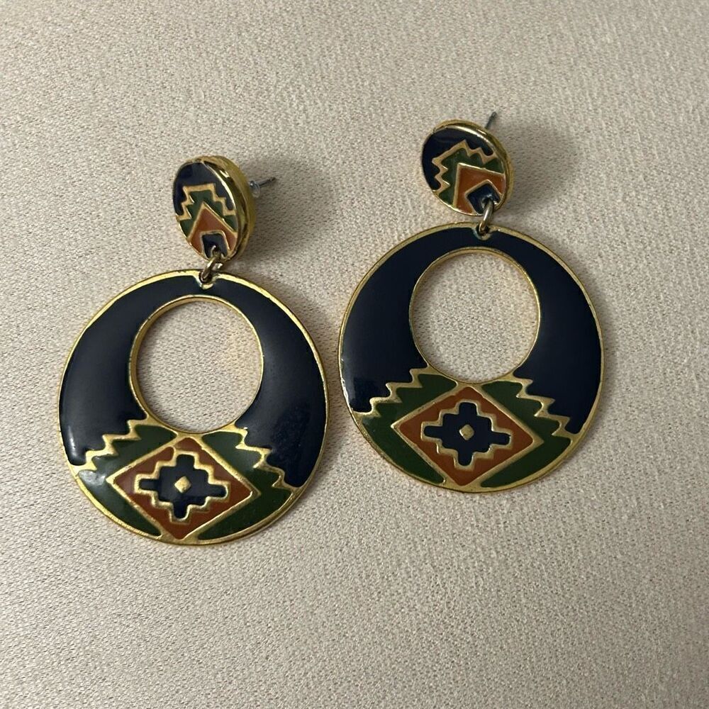 Vtg 90s Drop Earrings Blue Gold Aztec Southwest Cloisonne Enamel Round Pierced - Picture 6 of 6